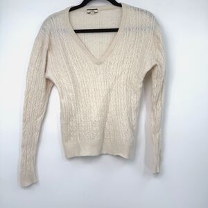 J. Crew Women's Size M Cream Cashmere Cable-Knit Relaxed V-Neck Sweater Classic